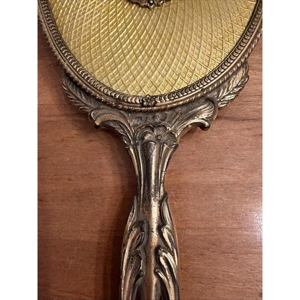 Antique Victorian Gilt Brass Vanity Set Mirror & Brush Matching Guilloché c.1900